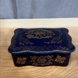 Vintage Imperial Limoges Porcelain Trinket Box Cobalt Blue & Gold Lovers Floral